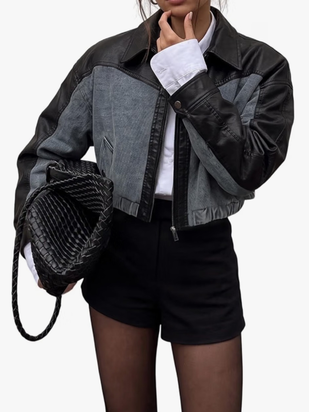 Women's Oversized Denim Faux Leather Cropped Jacket Black Gray L NWT